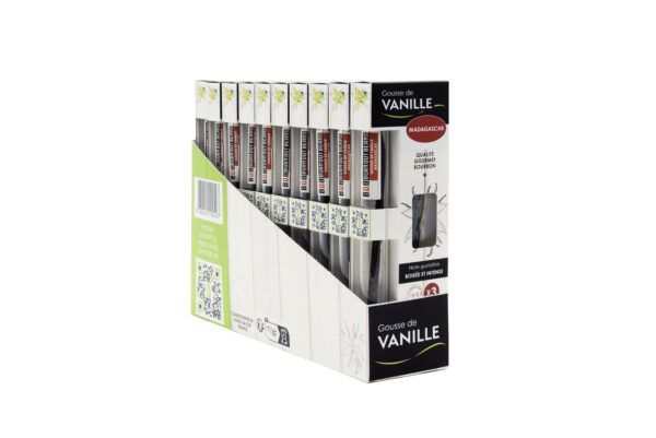 Présentoir 10 boîtes Gousses de vanille Madagascar – Tubes en verre + recharges