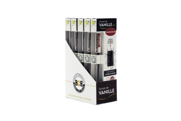 Présentoir 5 boîtes Gousses de vanille Madagascar – Tubes en verre + recharges